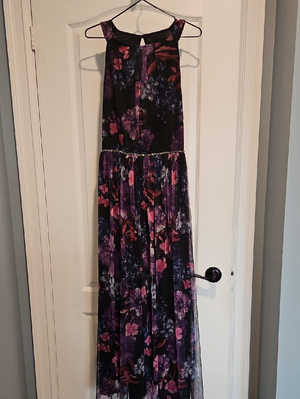 Sleeveless Purple & Pink Floral Maxi Dress with Waist Detail